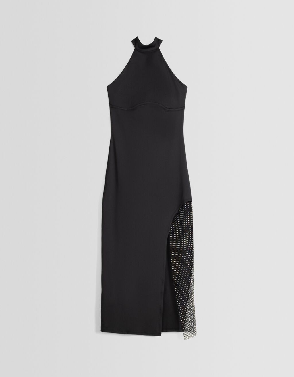 Vestido midi com decote halter e detalhes em strass.