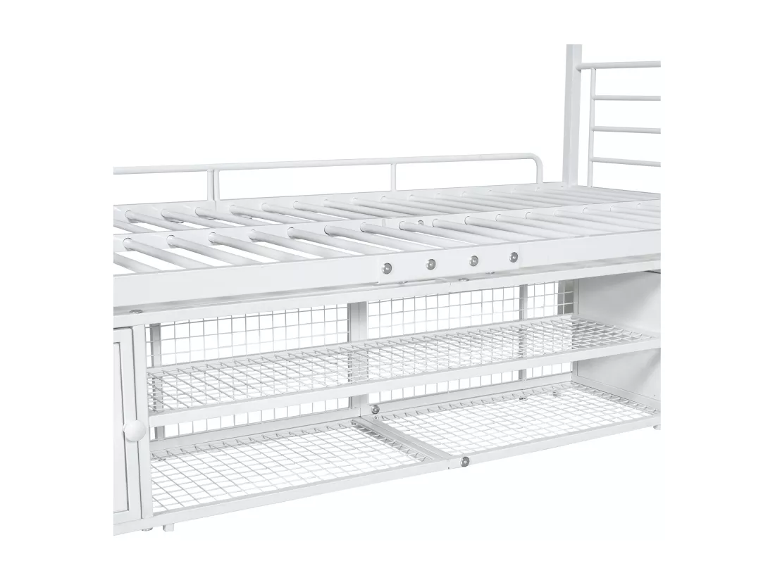 Lit superposé 90x200cm en fer - avec meuble à chaussures et échelle - Blanc