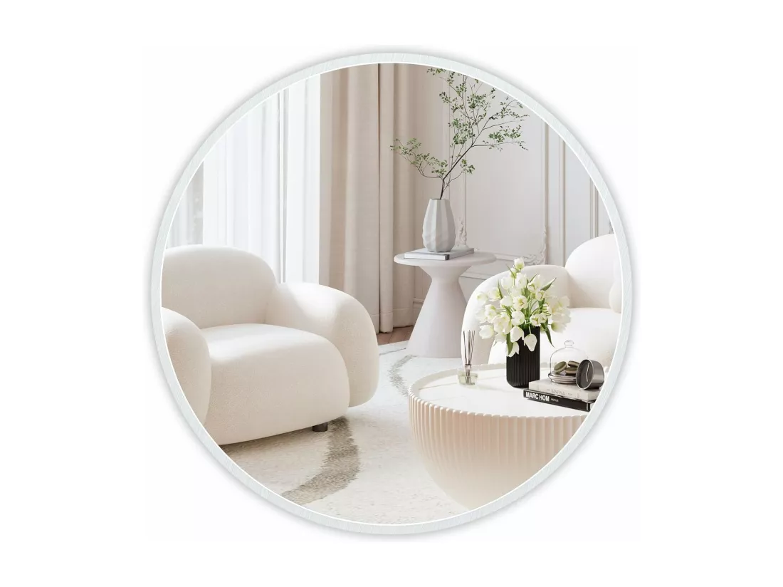 Miroir Rond Mural,60x60cm Miroir HD Moderne en Cadre pour décorer, Salle de Bain, Salon Chambre, Blanc