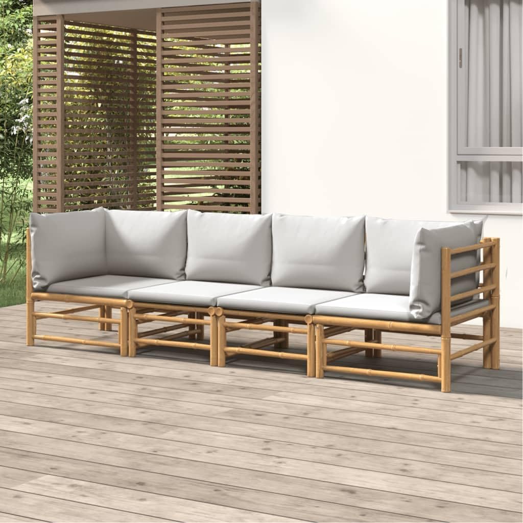 4-TLG. Garten-Lounge-Set mit Hellgrauen Kissen Bambus Gartenmöbel Set Outdoor Loungemöbel Sitzgruppe Essgruppe Modell 2X Eckteil + 2X Mittelteil