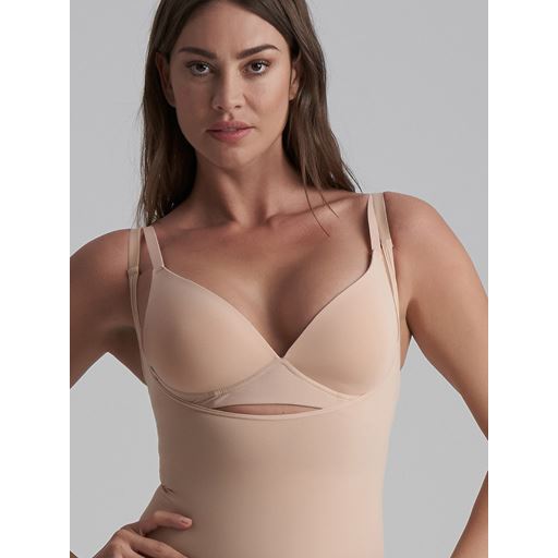 Bye Bra Soft Touch Seamless Open Bust Bodysuit, Beige, XXL
