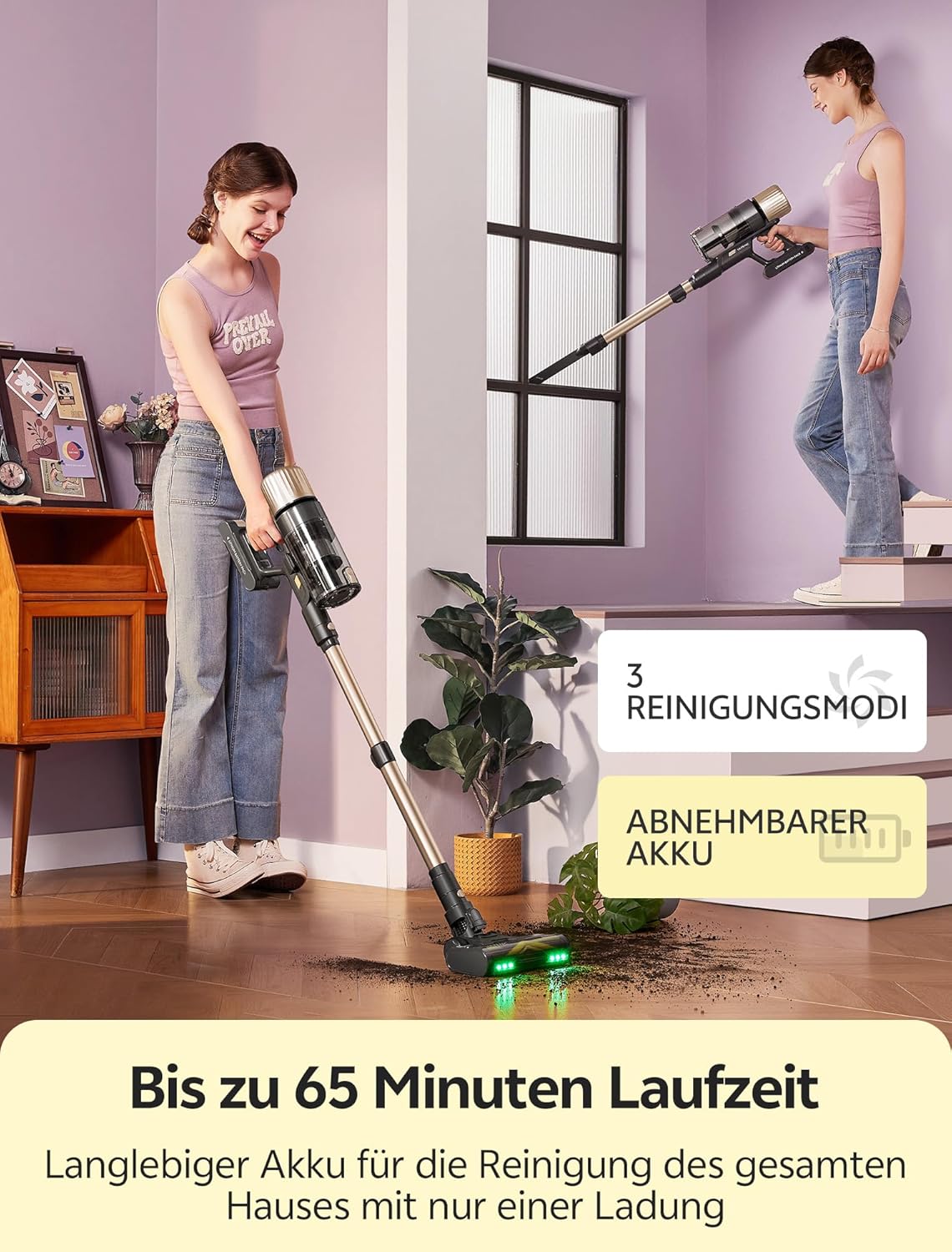 Ultenic Akku Staubsauger, 50000Pa/ 65Min, Staubsauger Kabellos mit GreenEye Technologie, Teleskoprohr& Freistehend, 6-stufige Filtration, Anti-Verhedderungs-Bürste, for Tierhaare/Teppiche/Hartböden