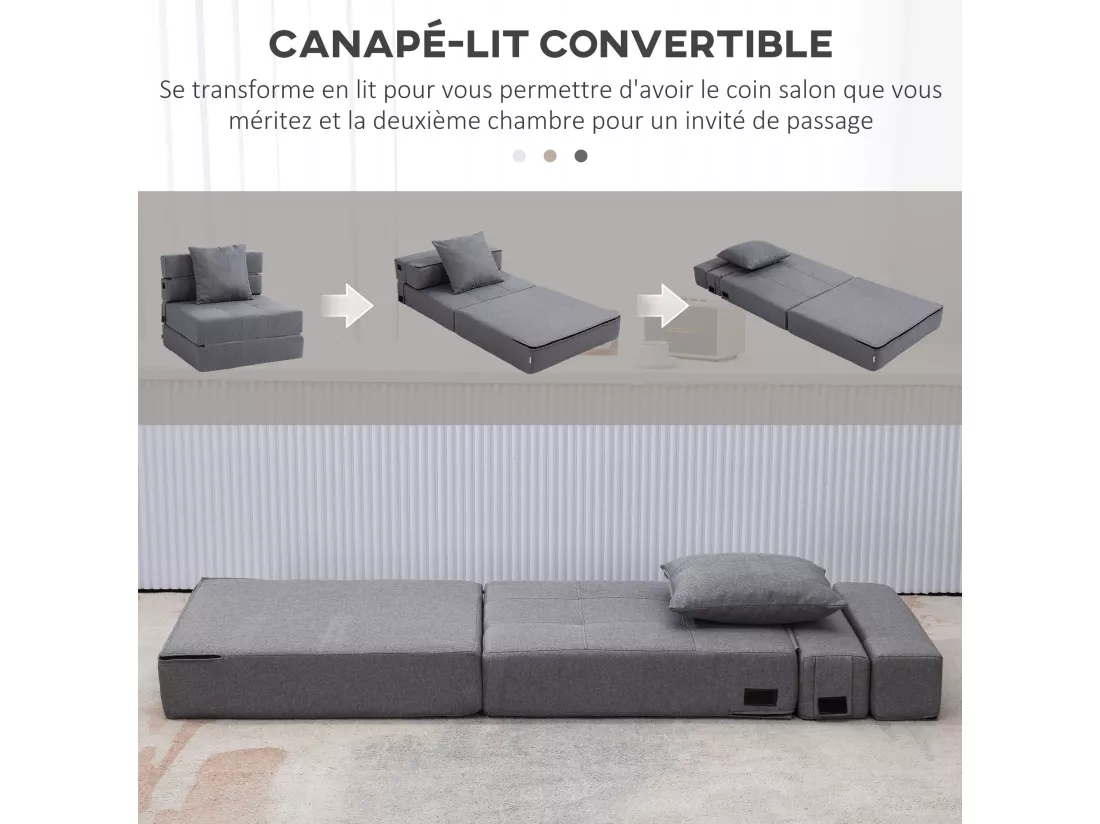 Chauffeuse canapé-lit convertible 1 place - coussin déhoussable inclus - tissu gris