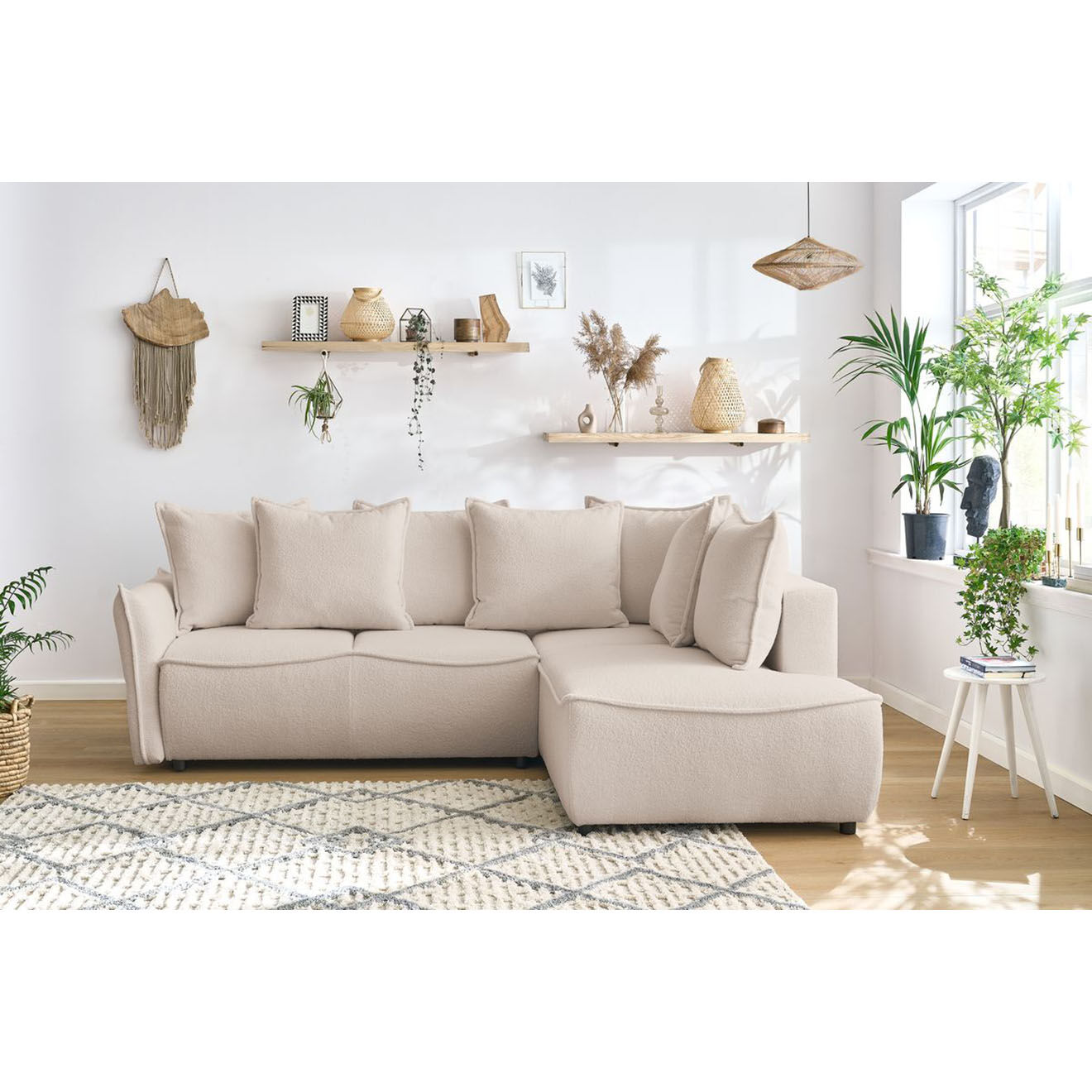 Bobochic Canapé d'angle L droit convertible bouclette Léon beige - 257x90x194 cm
