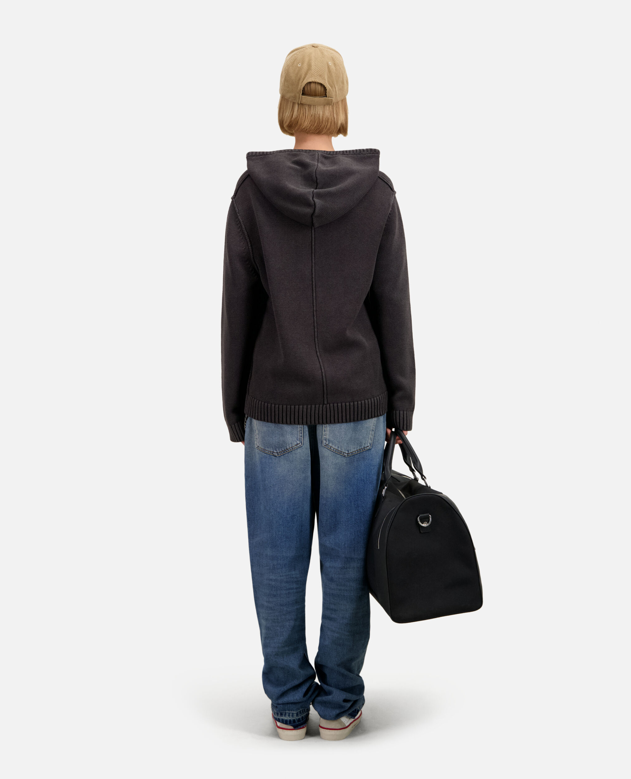 Black cotton and wool hooded sweater