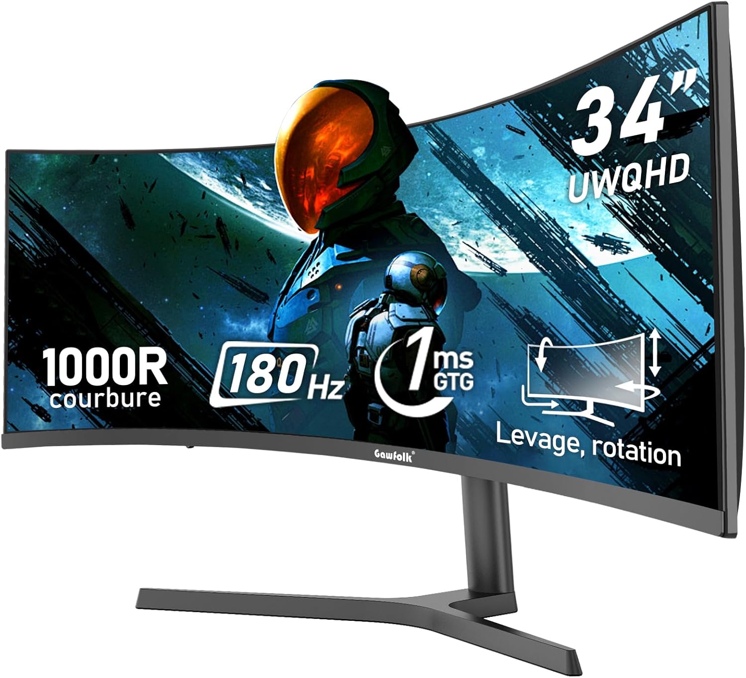 Gawfolk Écran PC Ultra Large 34 Pouces 1000R incurvé 180Hz Gaming Computer Moniteur 21:9 UWQHD (3440x1440),1ms,100% sRGB,Adaptive Sync,Display Port、HDMI,Fonction de Levage,Compatible avec Mural -Noir