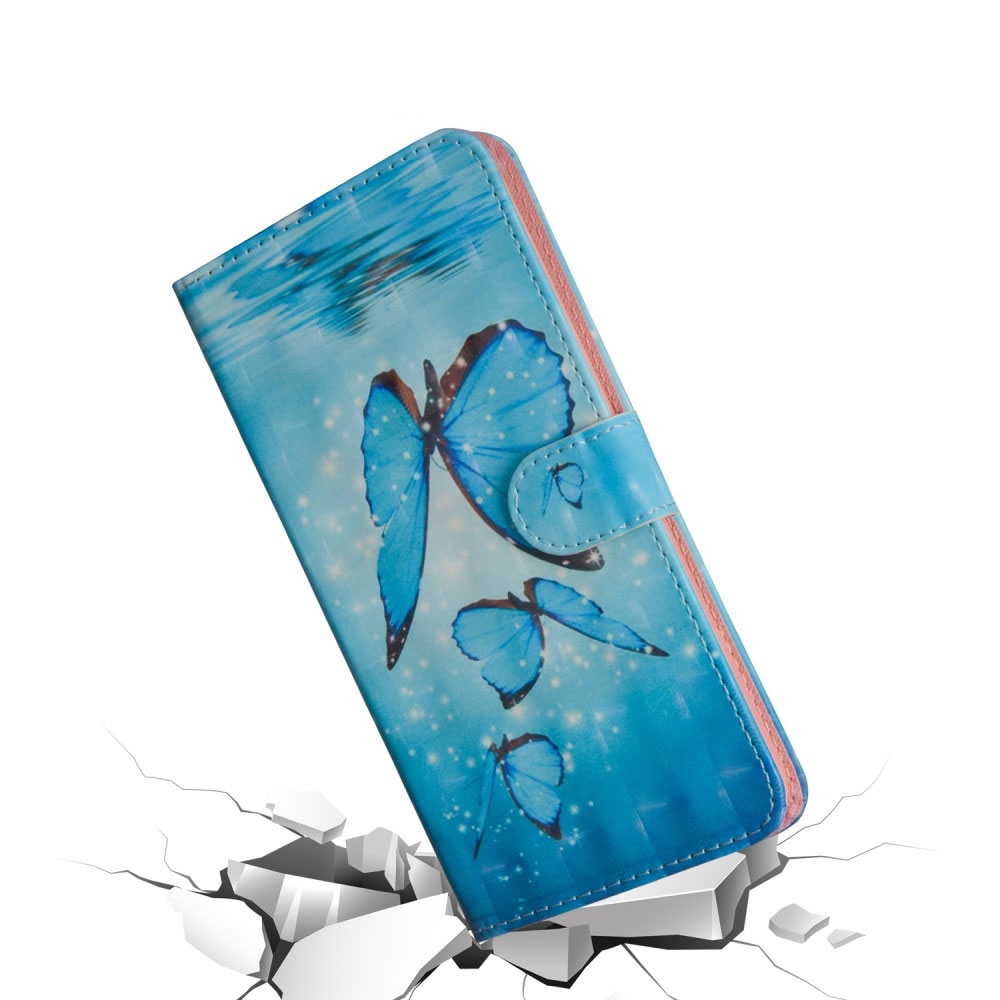 iPhone 12 / iPhone 12 Pro Leder Tasche mit Kartenfach   Handschlaufe - Schmetterlinge (Blau)