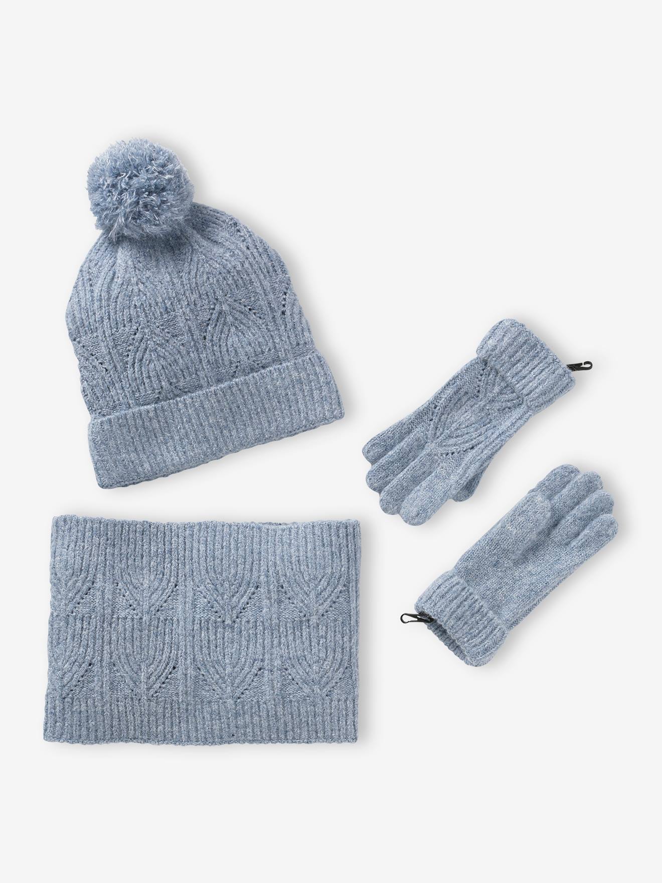 Conjunto de gorro, cachecol tubular e luvas em tricô com textura de bolinhas rosa médio.