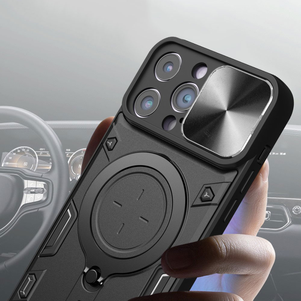 iPhone 15 Pro Hybrid Outdoor Hardcase Hülle mit Cam-Slider   Magnetischer Kickstand - Schwarz