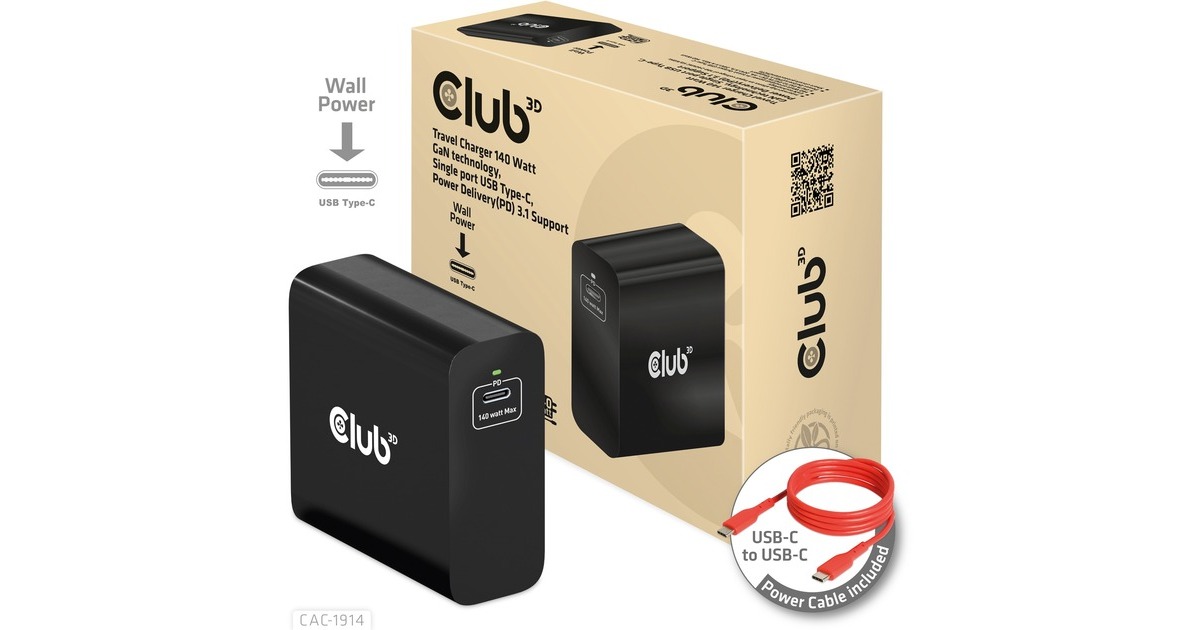 Club 3DTravel Charger 140 Watt GaN technology, Single port USB Type-C  (Zwart)