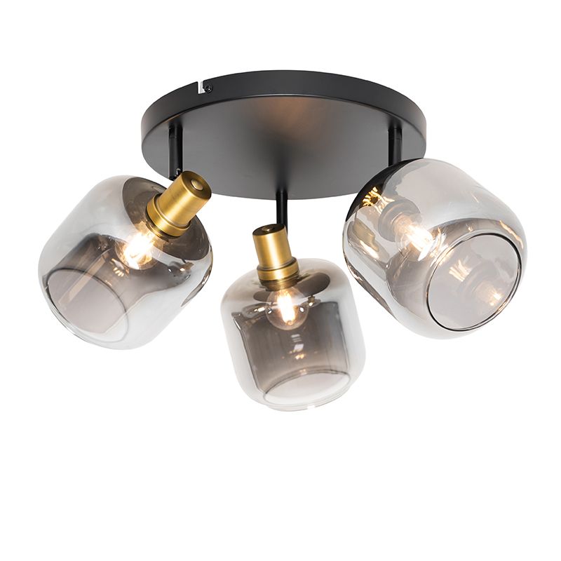 Plafondspot zwart met goud met smoke glas 3-lichts - Zuzanna