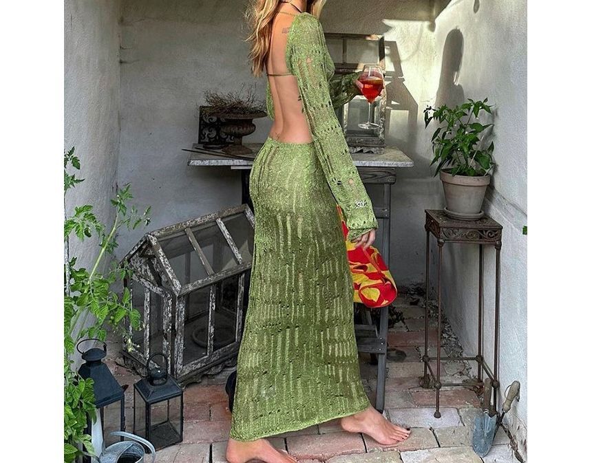 Puffields - Lange mouwen boothals effen, open rug maxi bodycon gebreide jurk