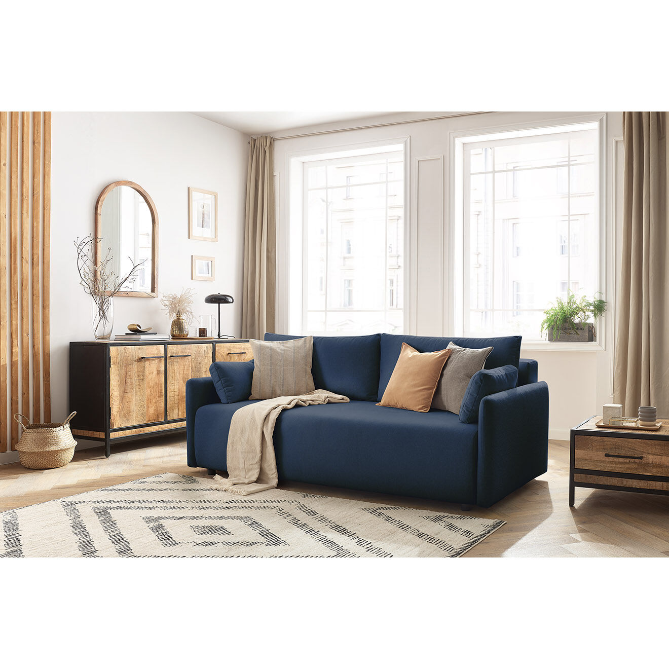 Bobochic Canapé droit convertible coffre marcel tissu lisse bleu foncé - 211x100x86 cm