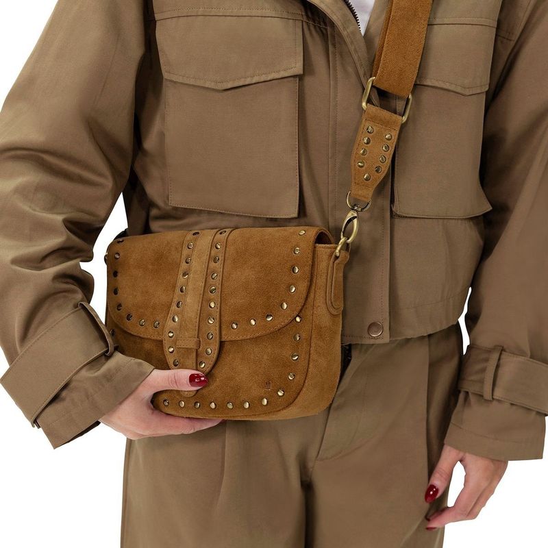 Manfield - Cognac Suède Schoudertas - Bruin - Gouden Noppen