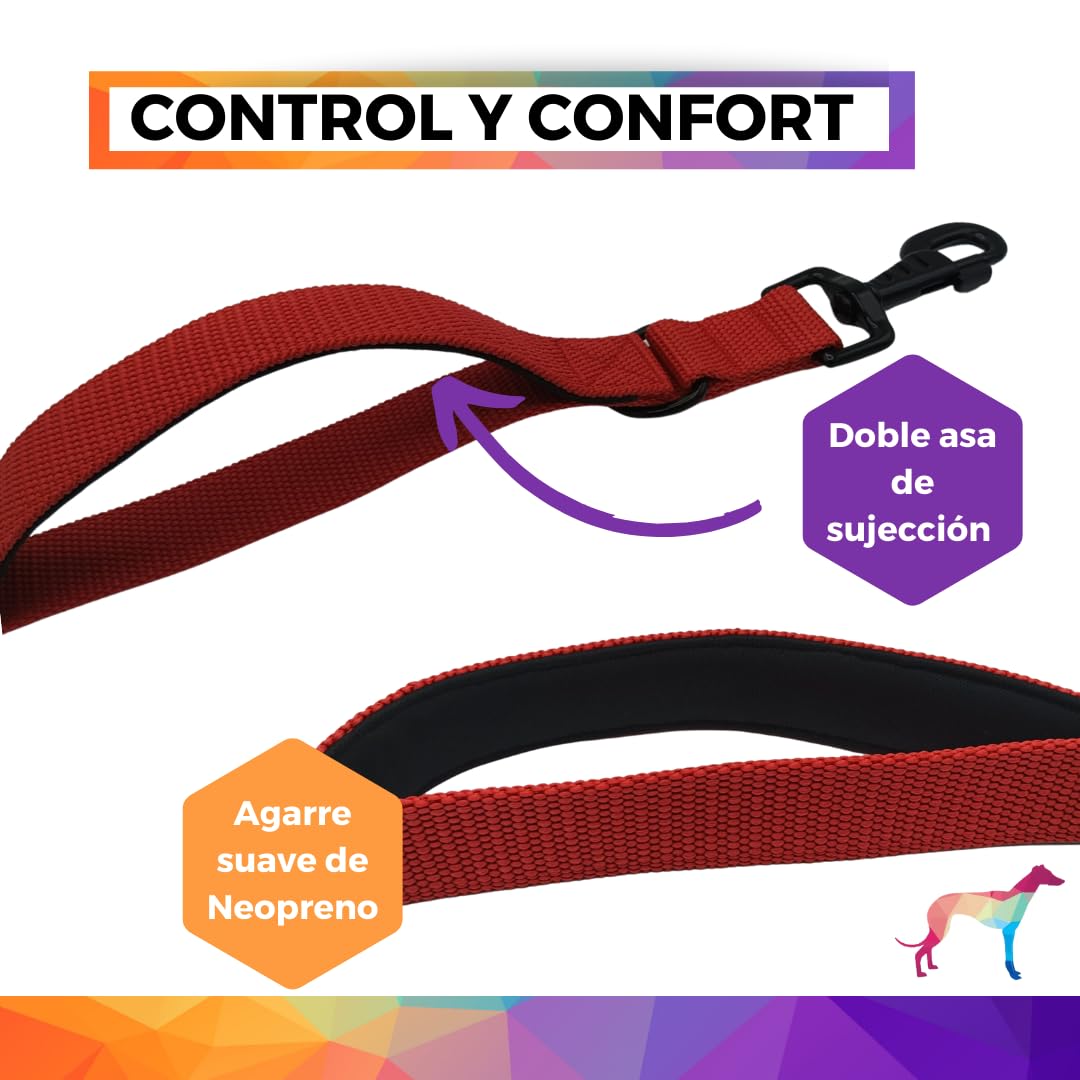 Guia para cães EGV com múltiplas posições e alça dupla de neoprene. Guia para cães que permite o uso com as mãos livres, com 2,5 metros de comprimento. (Vermelha)