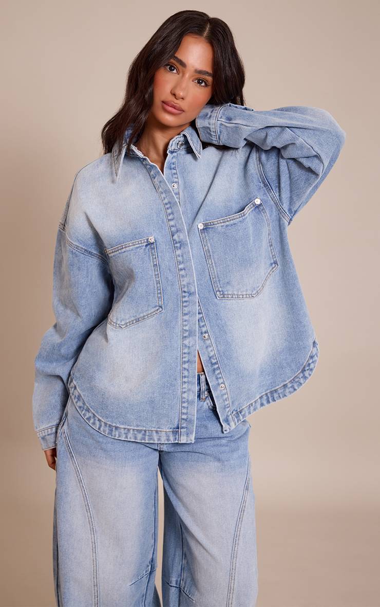 Mid Blue Wash Chemise En Jean Oversize Petite