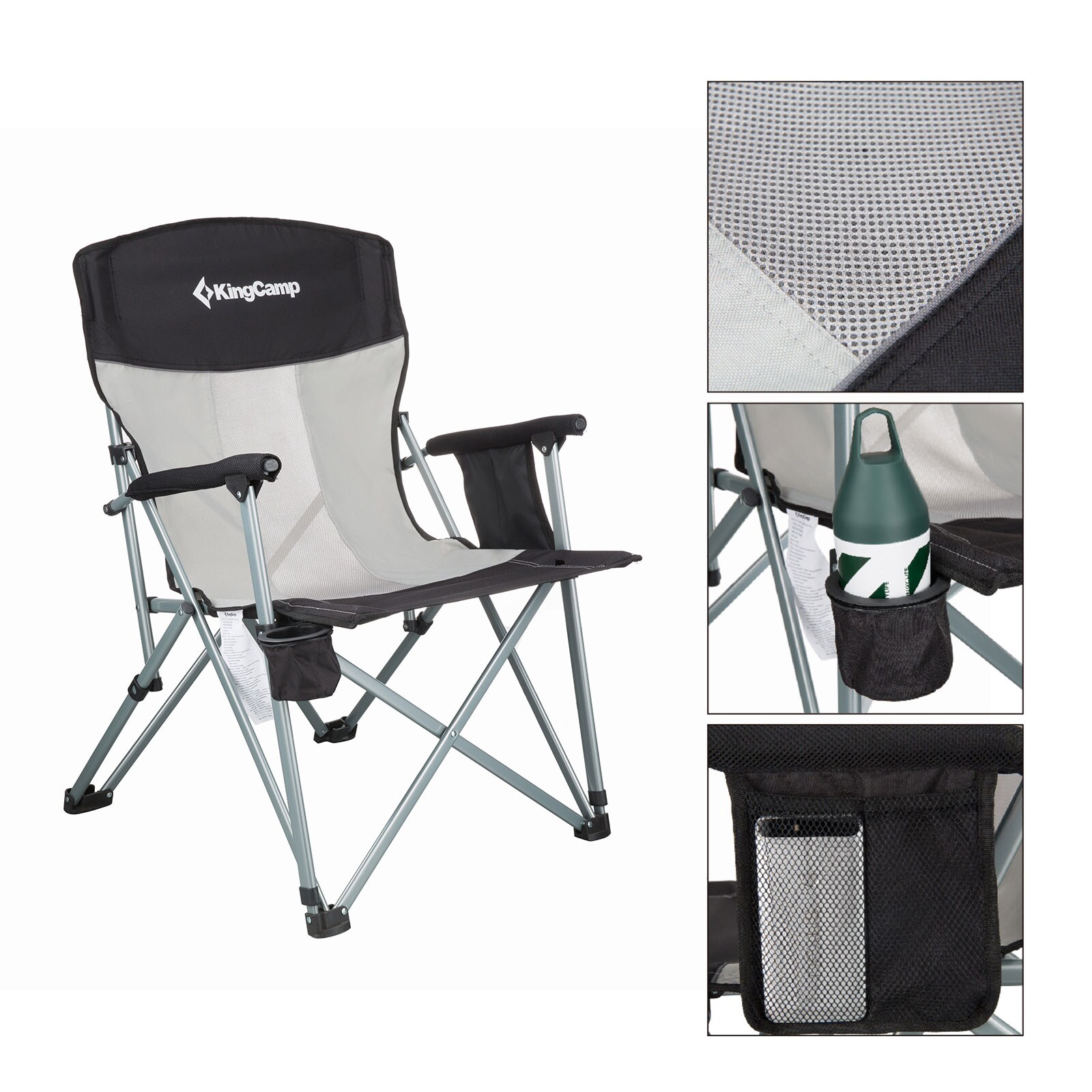KINGCAMP Camping Falt Stuhl XL Klapp Sessel Garten Outdoor Armlehne Stahl 136 kg Farbe: Black/Light Grey