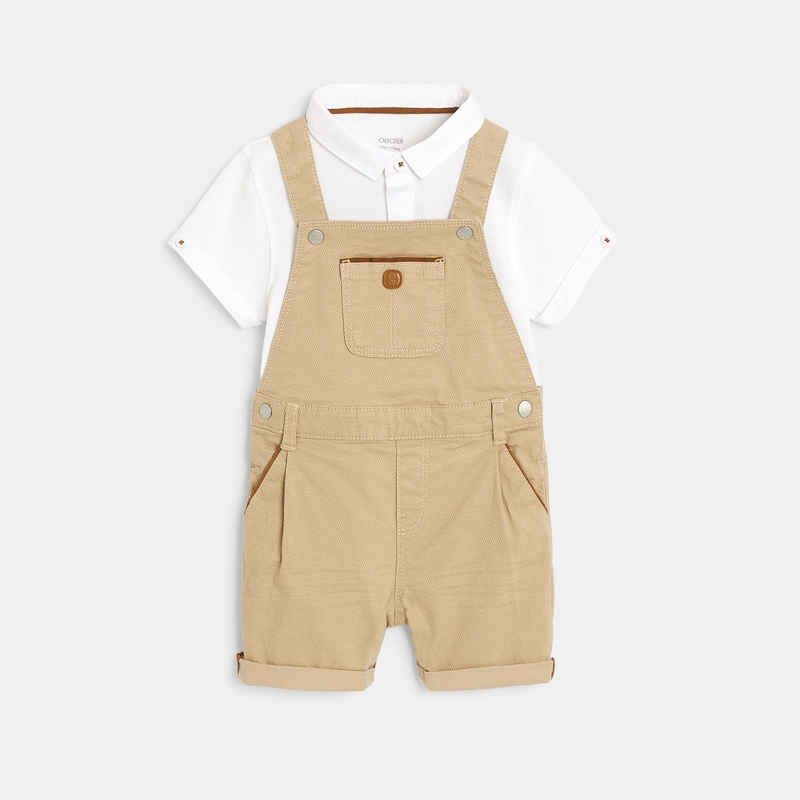 Ensemble salopette courte et polo beige bébé garçon
