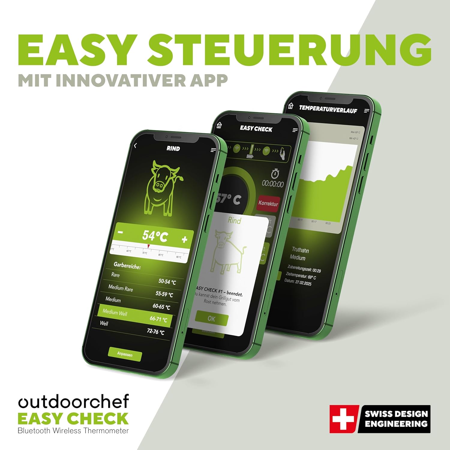 Outdoorchef Easy Check Thermometer Quadro – Wireless Bluetooth BBQ‑Thermometer mit App, 4 Fühler, 200m Reichweite, spülmaschinenfest, inkl. magnetischer Dockingstation