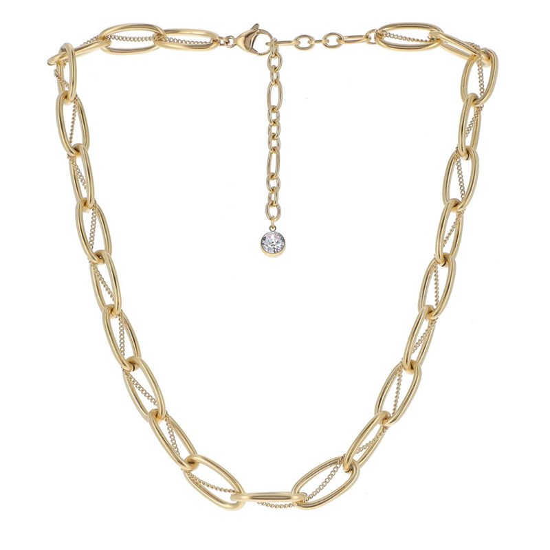 Collier en acier doré double chaîne en maille de différentes tailles, chaînette réglable, avec pierre Crystal Swarovski