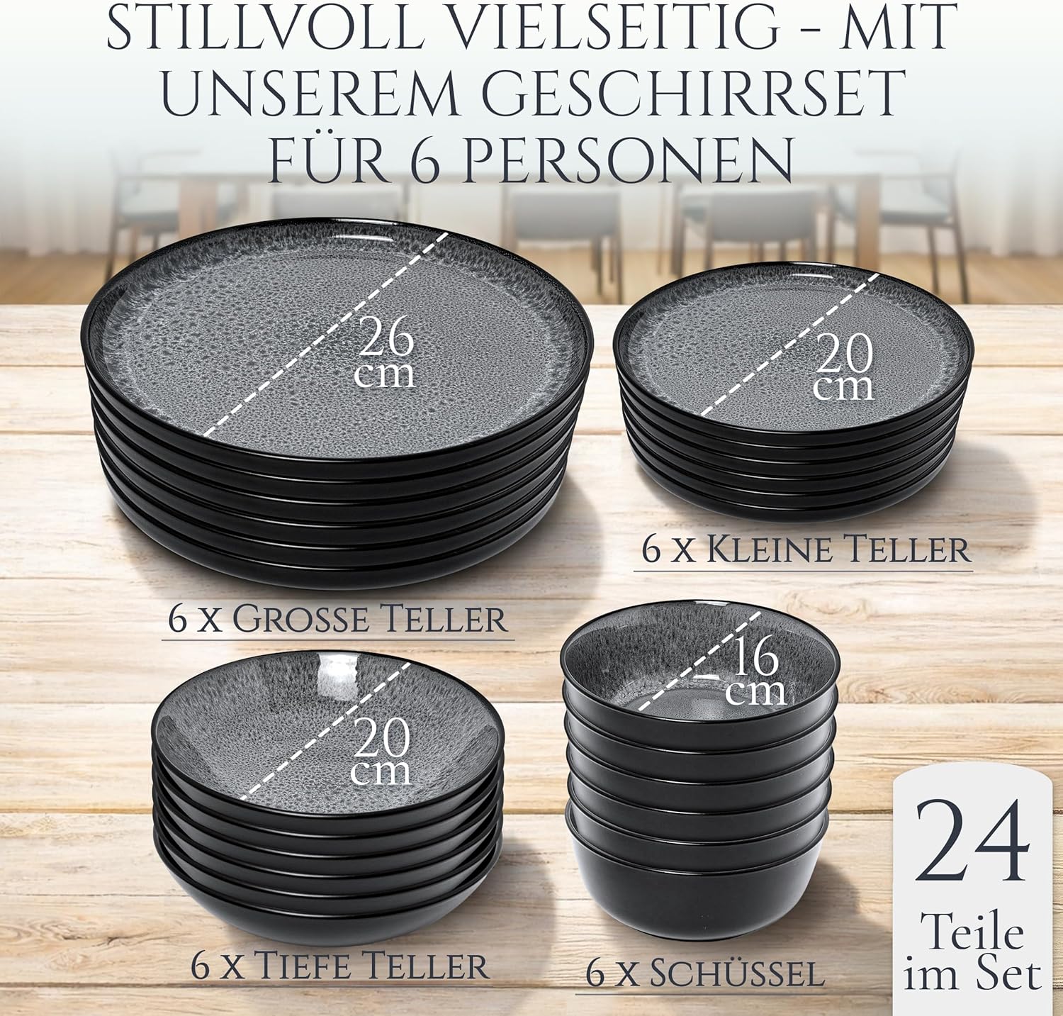 Steingut Geschirrset 6 Personen Ibiza 24 tlg. TESTSIEGER, Traumhaftes Mediterranes Steingut Geschirr Set, Schüssel- und Teller Set, Tafelservice 6 Personen, Geschirrsets Pure Living in Grau