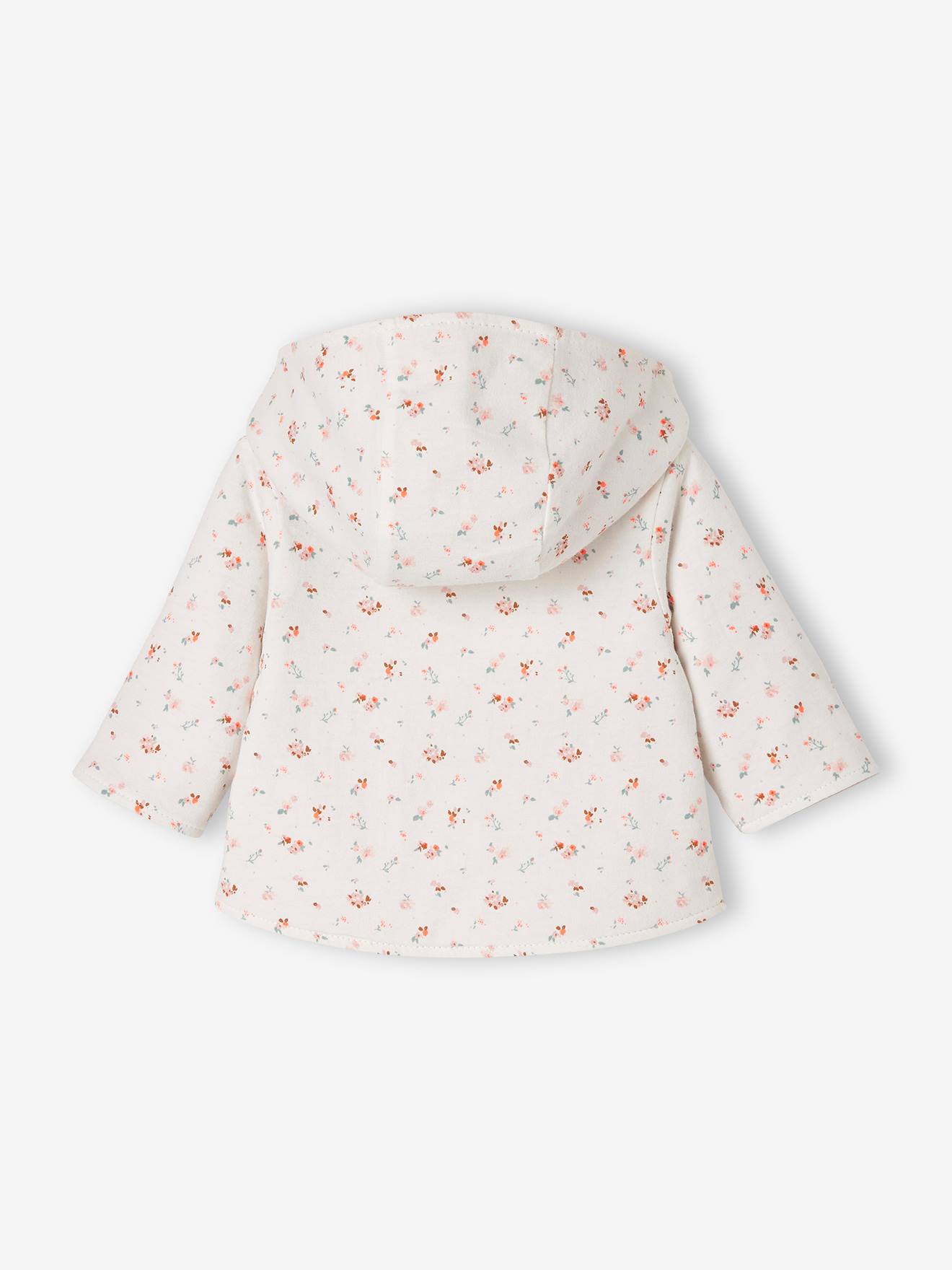 Jaqueta reversível com capuz para bebê, branca lisa com estampas.