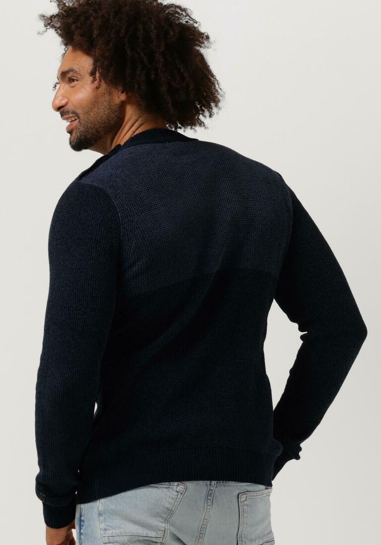 CAST IRON blauwe cast iron trui mock neck slim fit chenille colourblock