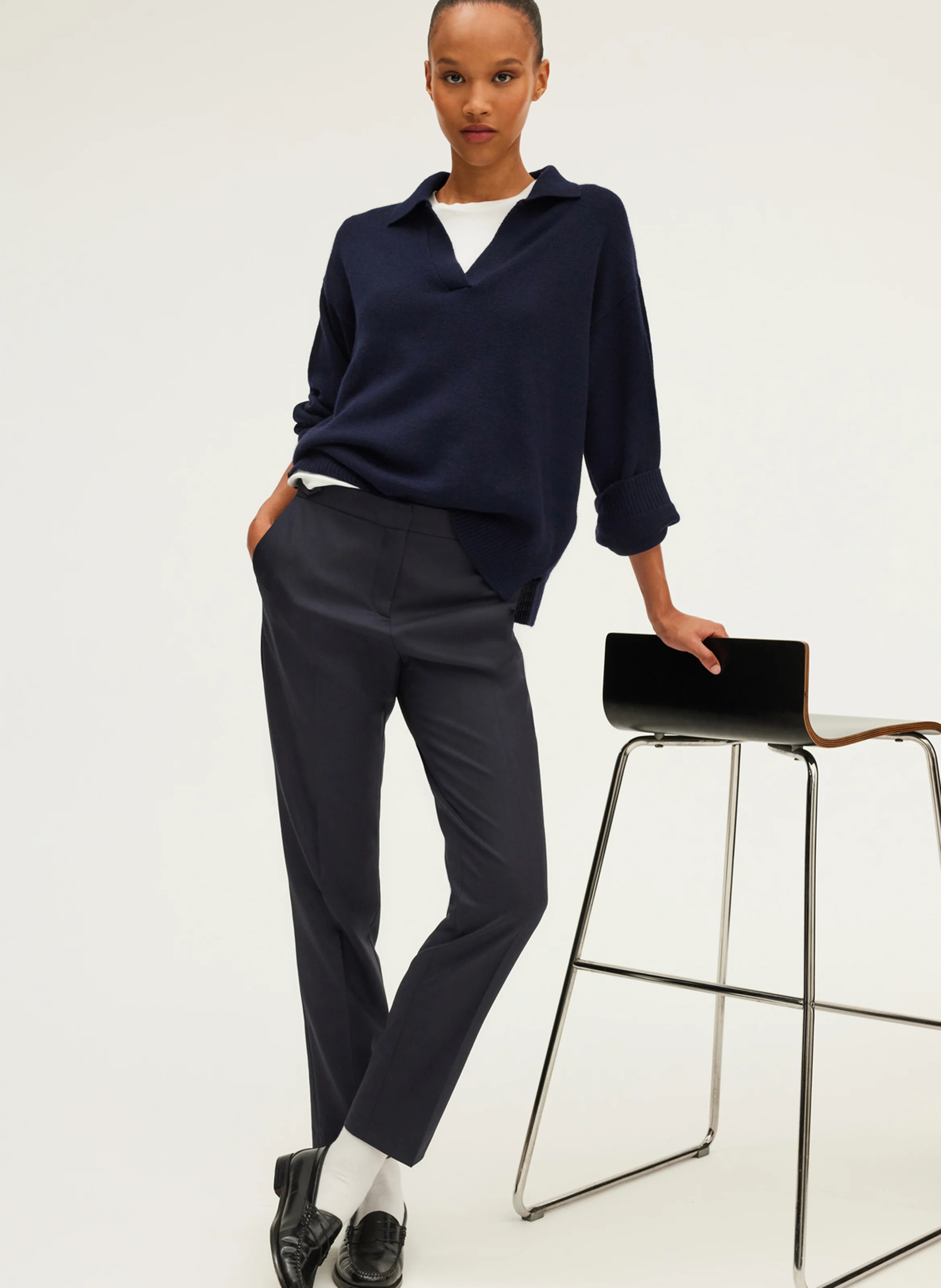 NEDA - Pantalon droit en laine mélangée | Bleu