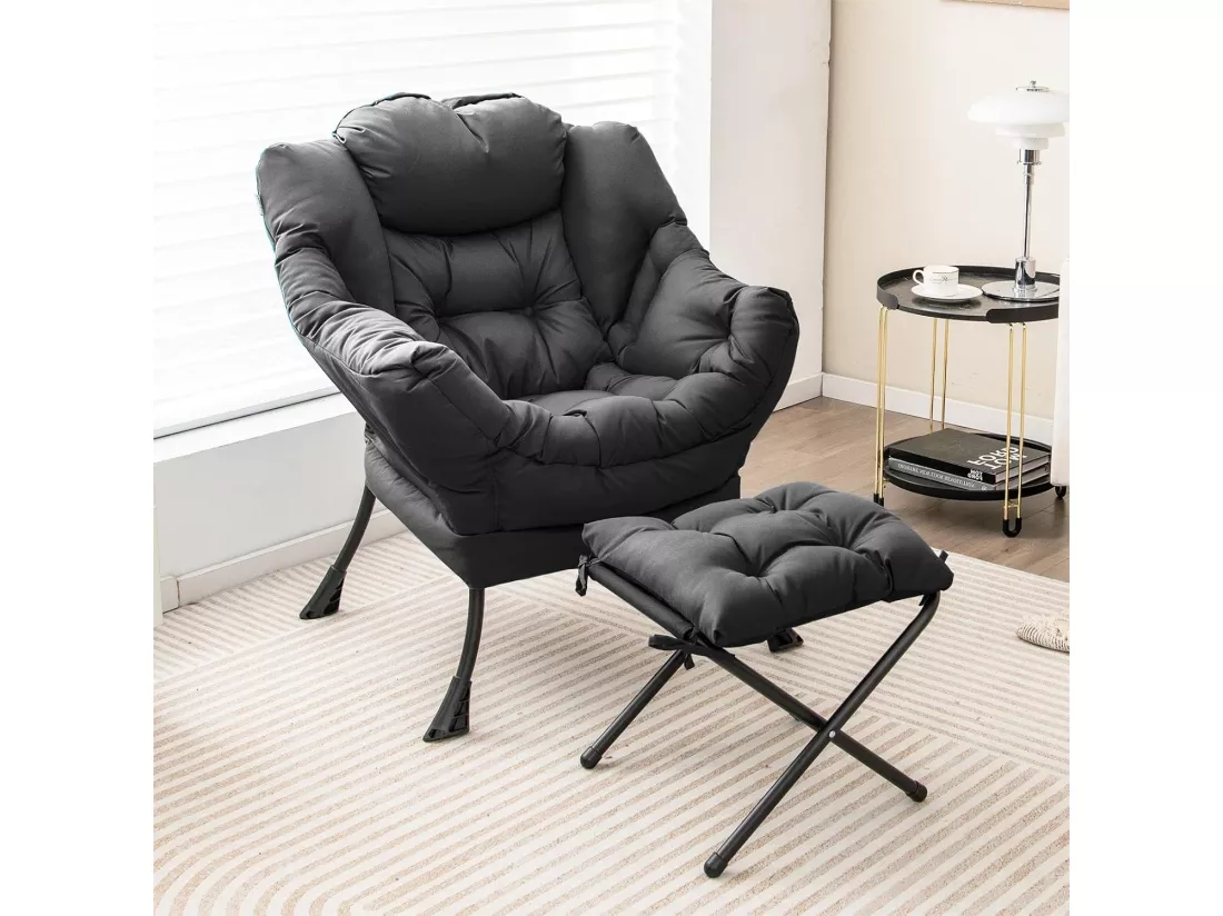 Fauteuil Salon Scandinave avec Repose-Pieds, Fauteuil Relax avec Oreiller et Poche Latérale, Fauteuil Chambre Confortable pour Lecture, Cadre en Métal pour Charger de 150 KG, Gris