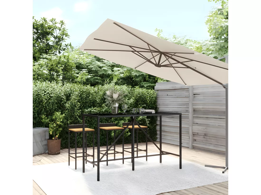 Prolenta Premium - Table de bar et dessus en verre noir 180x70x110 cm poly rotin