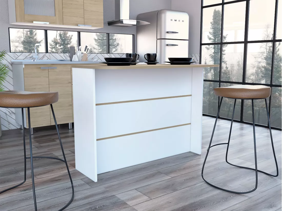 Bar de cuisine en mélamine Fendi avec trois étagères , 90 X 120 X 60 cm , Blanc / Miel