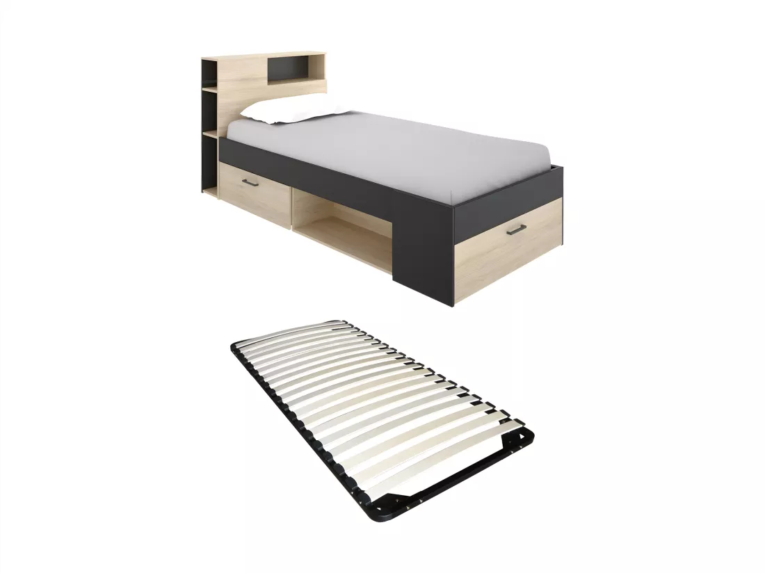 Lit avec tête de lit rangements et tiroir - 90 x 190 cm - Anthracite et naturel + Sommier - LEANDRE