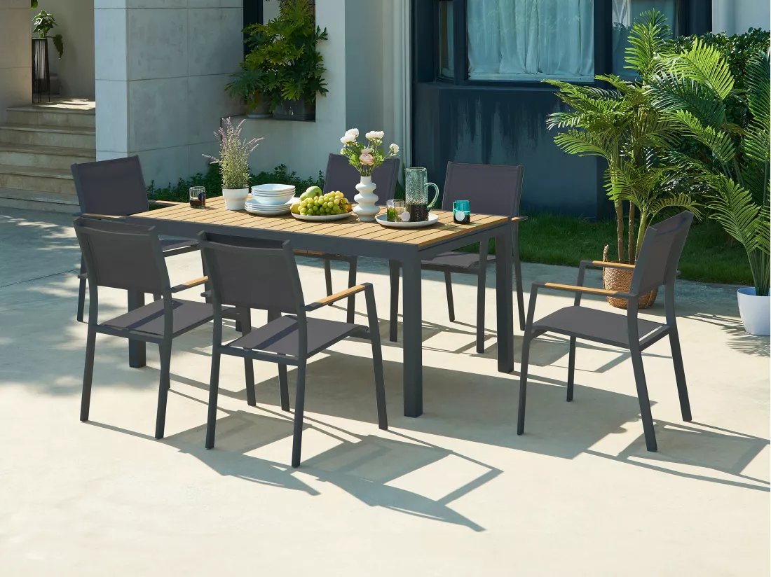 Table à manger de jardin extensible en aluminium et polywood L.170/230 cm - Naturel clair et anthracite - MACILA de MYLIA