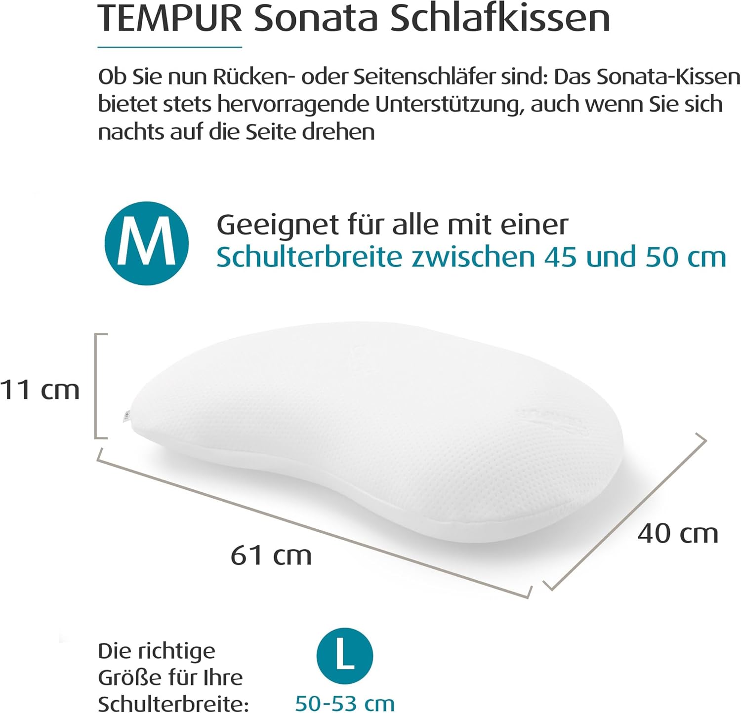 TEMPUR Sonata Kopfkissen Memory Foam, ergonomisches Nackenstützkissen für Rücken- und Seitenschläfer, Liegefühl fest, M (61 x 40 x 11 cm), Weiß