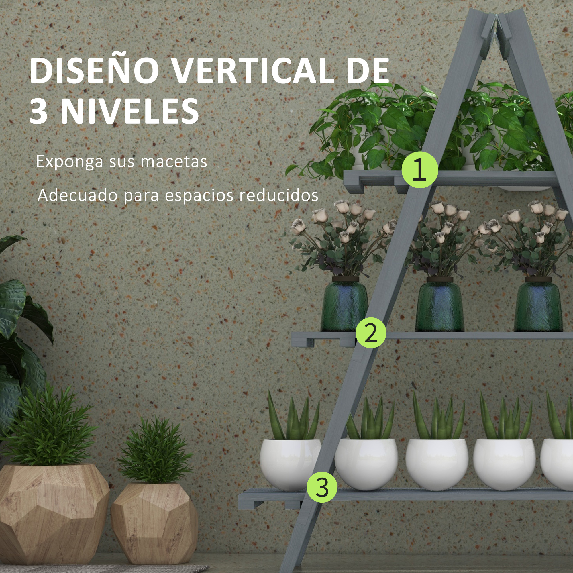 Suporte dobrável de madeira para plantas Outsunny, com 3 níveis e estrutura em A, ideal para uso interno e externo, sala de estar, jardim e varanda, 100x36x112 cm, cinza.