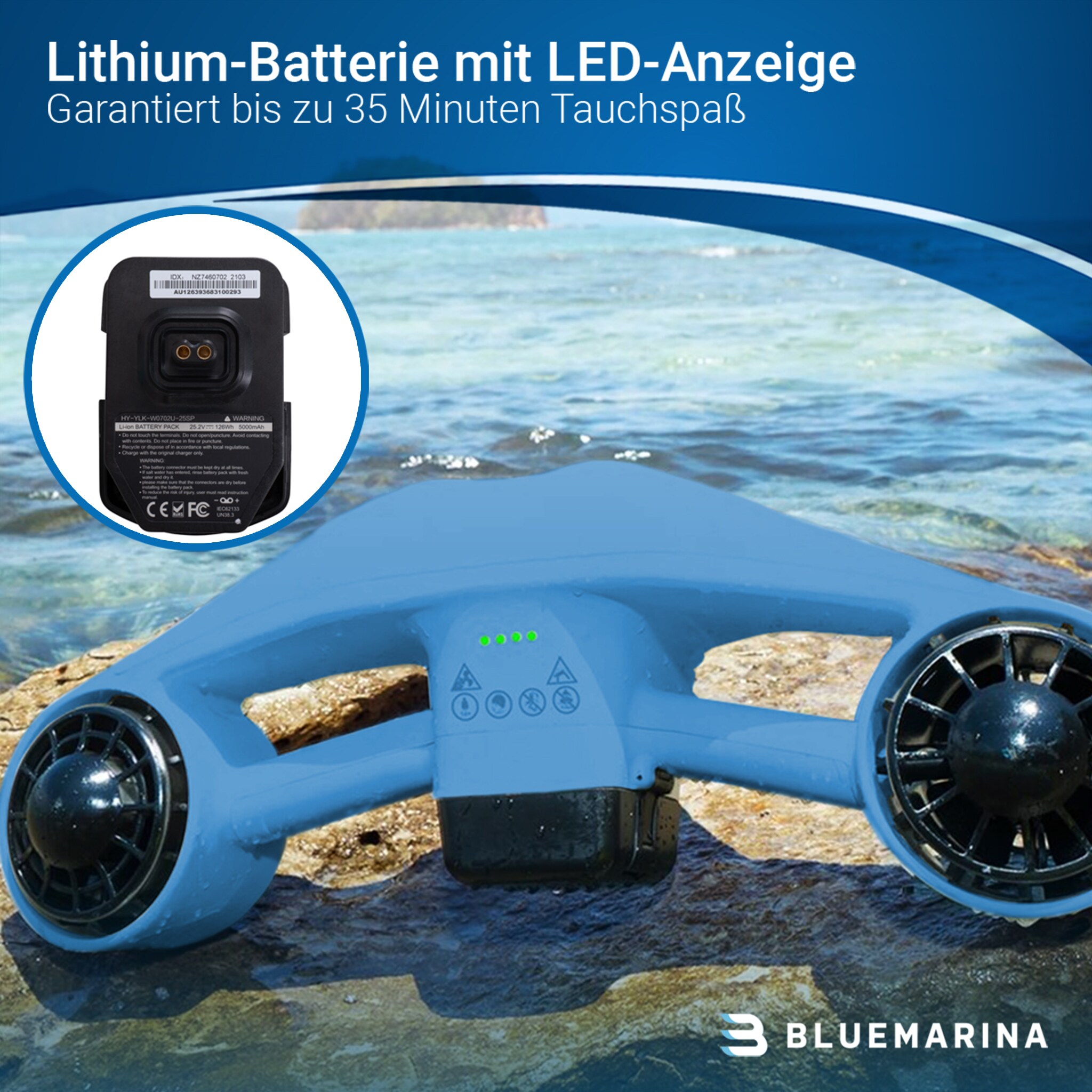 Bluemarina Tauchscooter Orca, Seascooter mit 3 Geschwindigkeiten, 30 Meter Tauchtiefe, 2 x 500 Watt