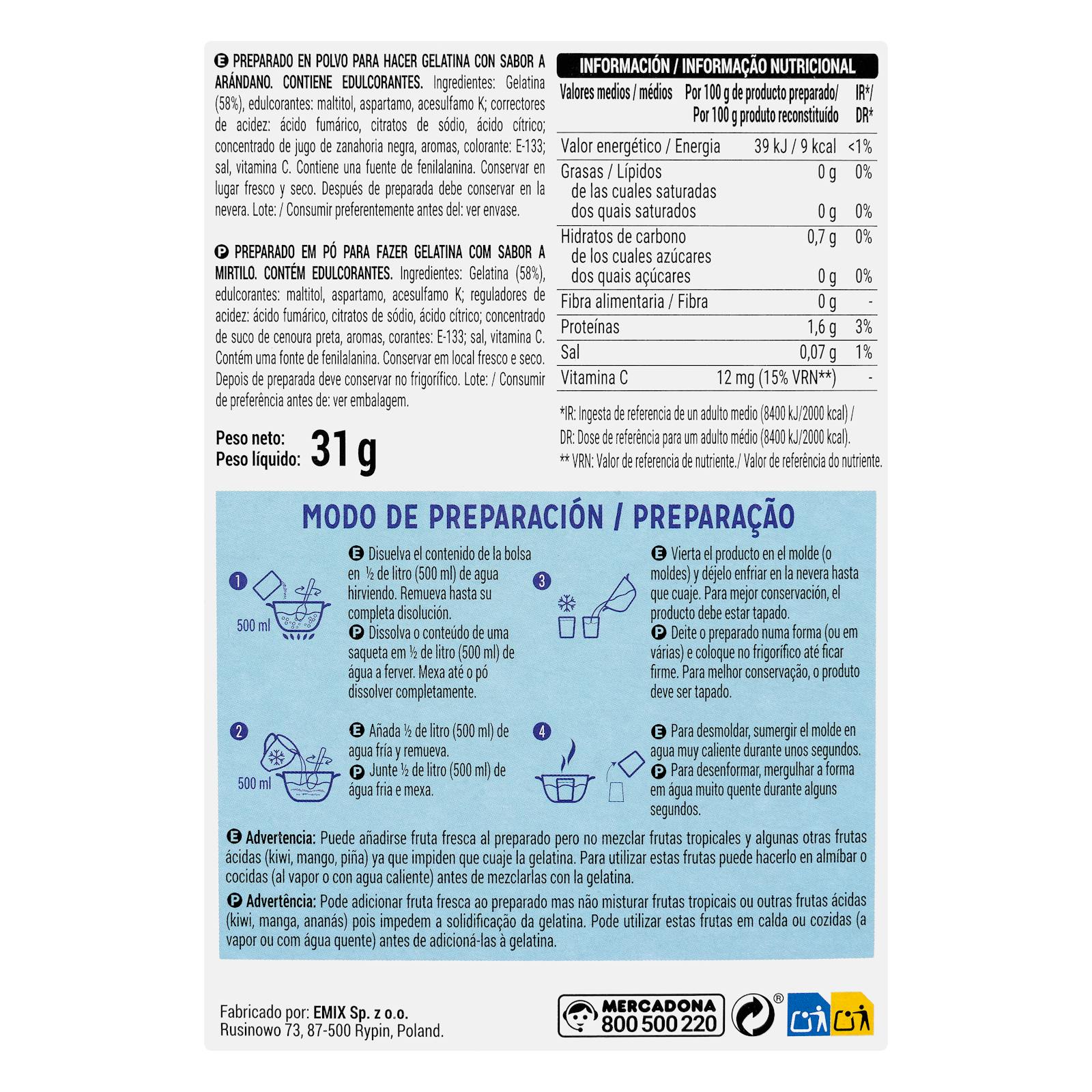 Préparation de gélatine en poudre de myrtille Hacendado 0% sucre