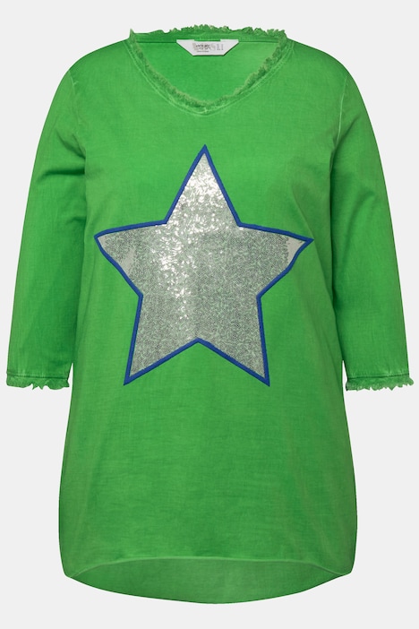 T-Shirt, A-Linie, Pailletten-Stern, V-Ausschnitt, 3/4-Ärmel
