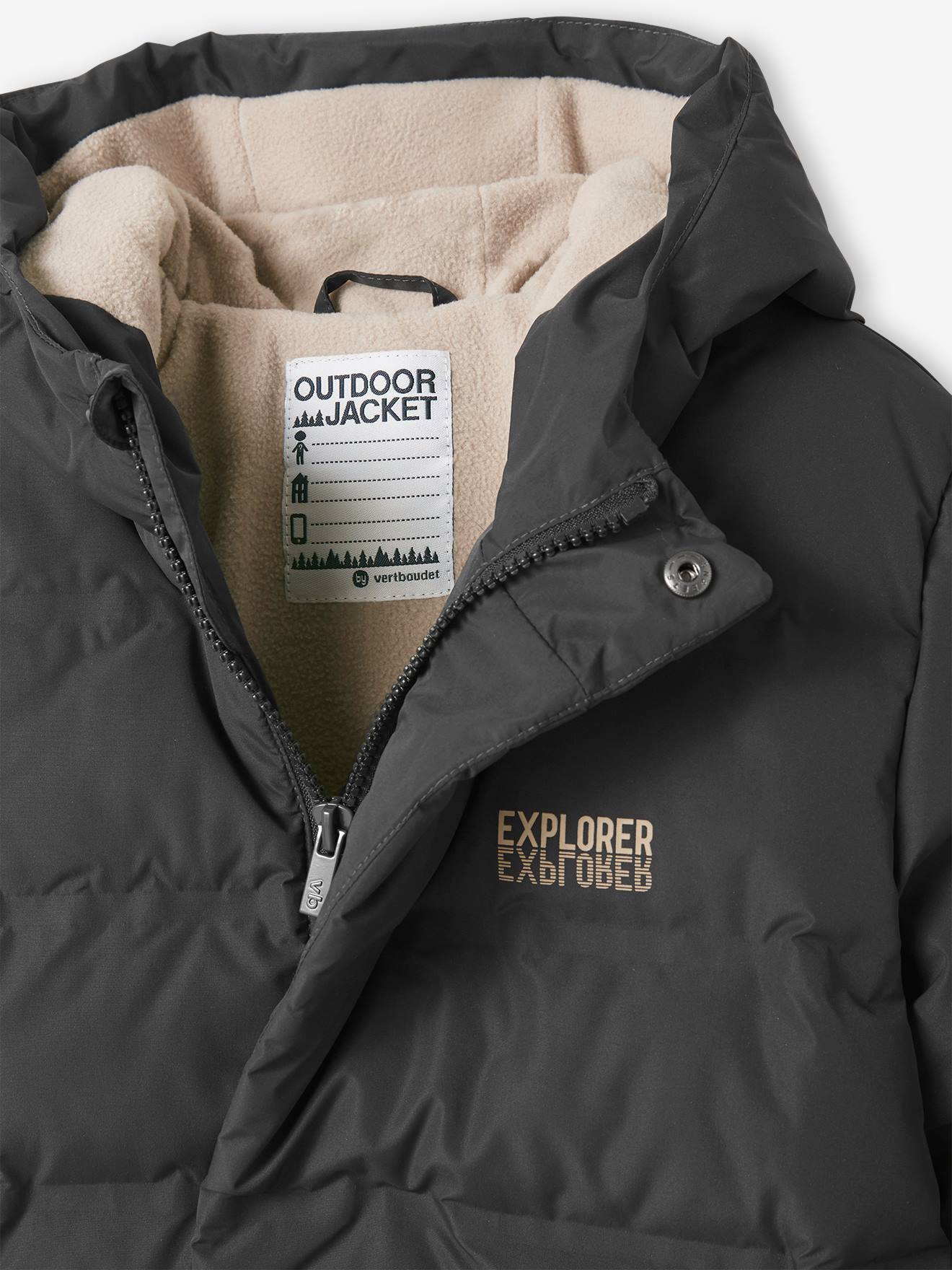 Casaco comprido acolchoado de malha polar com capuz, para meninos, cinza médio liso com estampas.