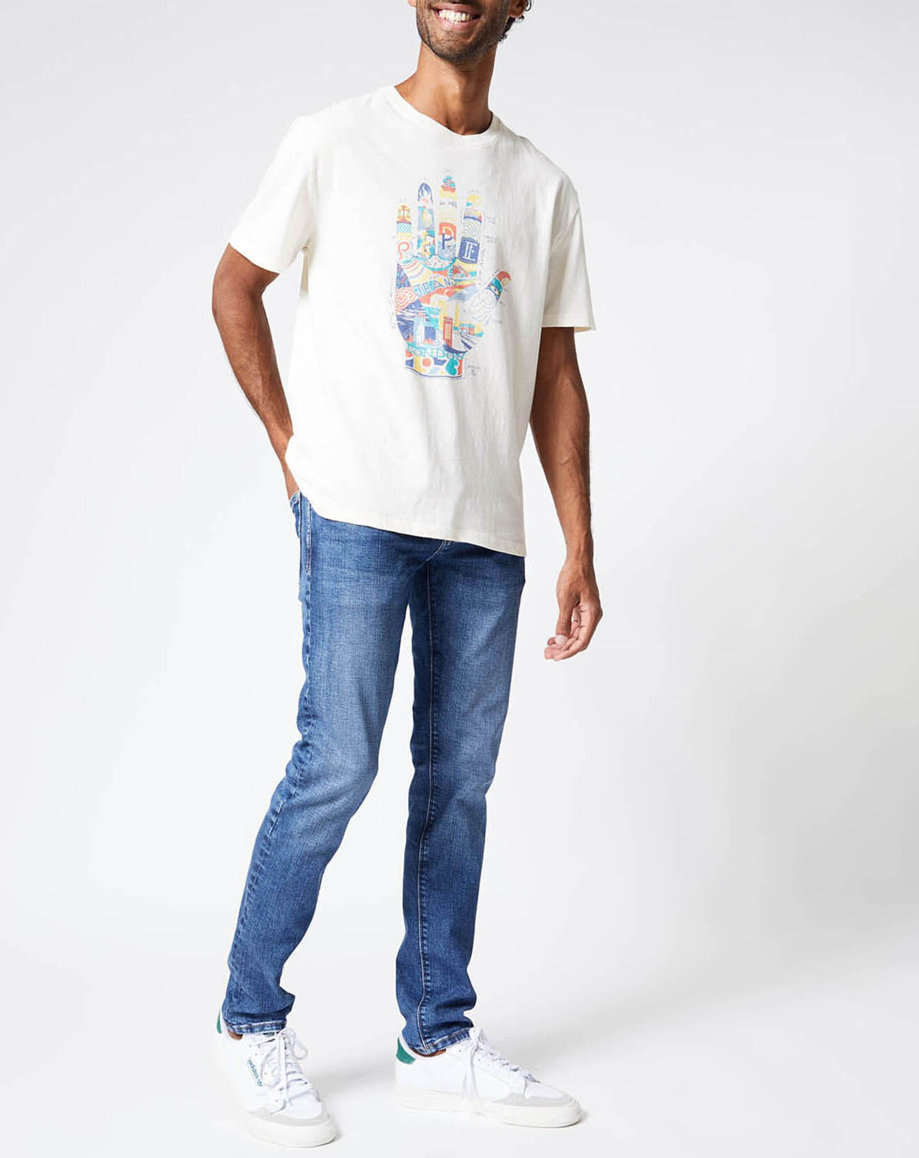 Pepe Jeans T-Shirt en Lin mélangé Print Main Sergio écru