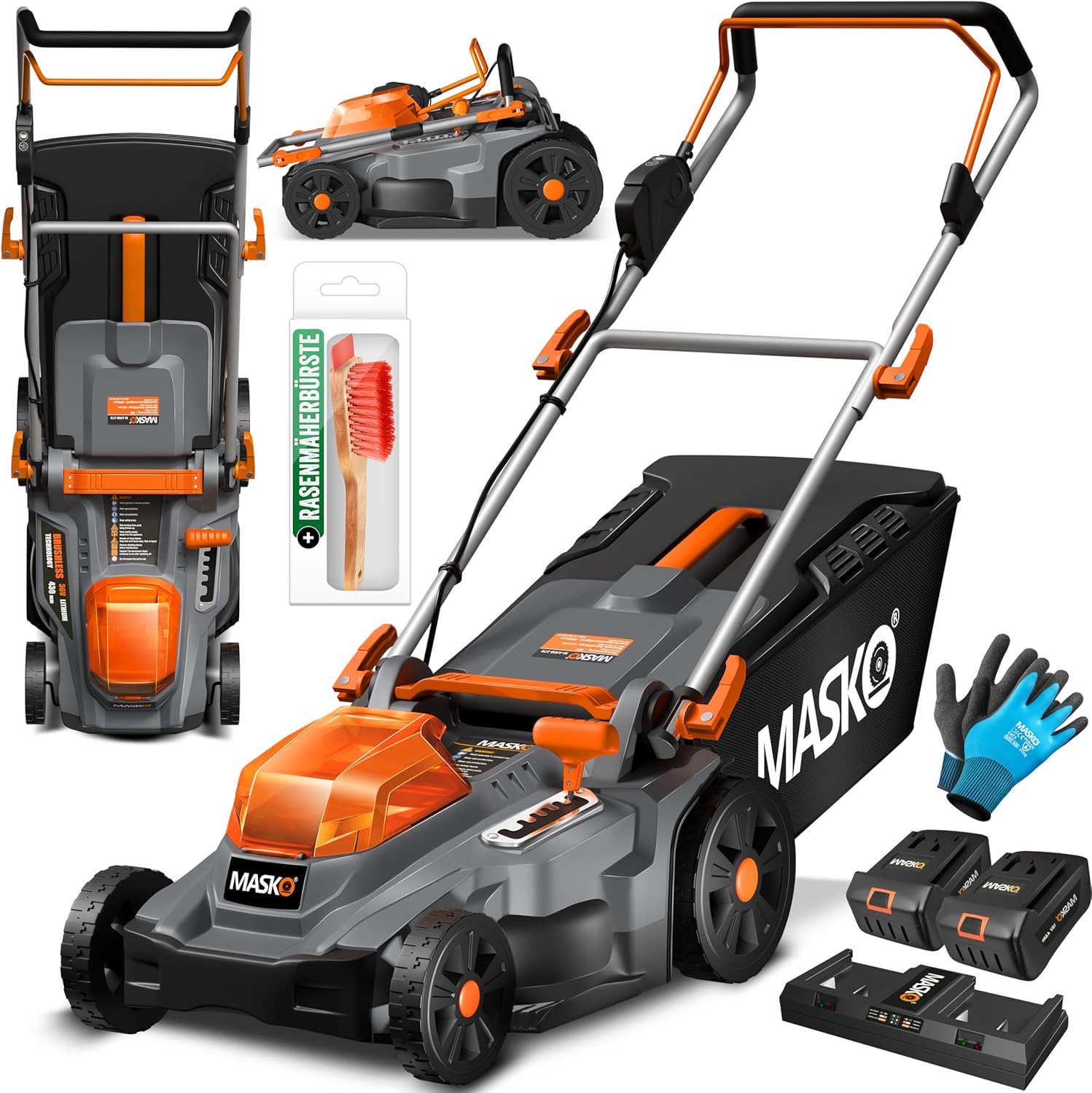 MASKO® Akku Rasenmäher mit Mulchfunktion, 2X Akkus Li-Ion Batterie 4Ah & Doppel-Ladegerät Rasentrimmer 43cm Schnitt-Breite 6X Höhenverstellbar 55L Fangkorb Flächen bis 650m² inkl. Handschuhe & Bürste