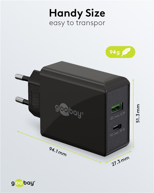 (30W/3A) USB A / USB C Ladegerät Netzteil Power Delivery / Quick Charge (61673) - Schwarz