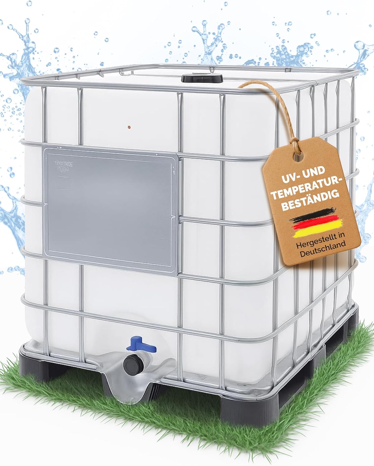 IBC Container 1000 Liter (neu) – Regentonne, Regenfass, Wassertank XXL mit Kunststoffpalette – lebensmittelecht & UV-beständig, wiederverwendbar – als Regenwassertank für Garten & Industrie