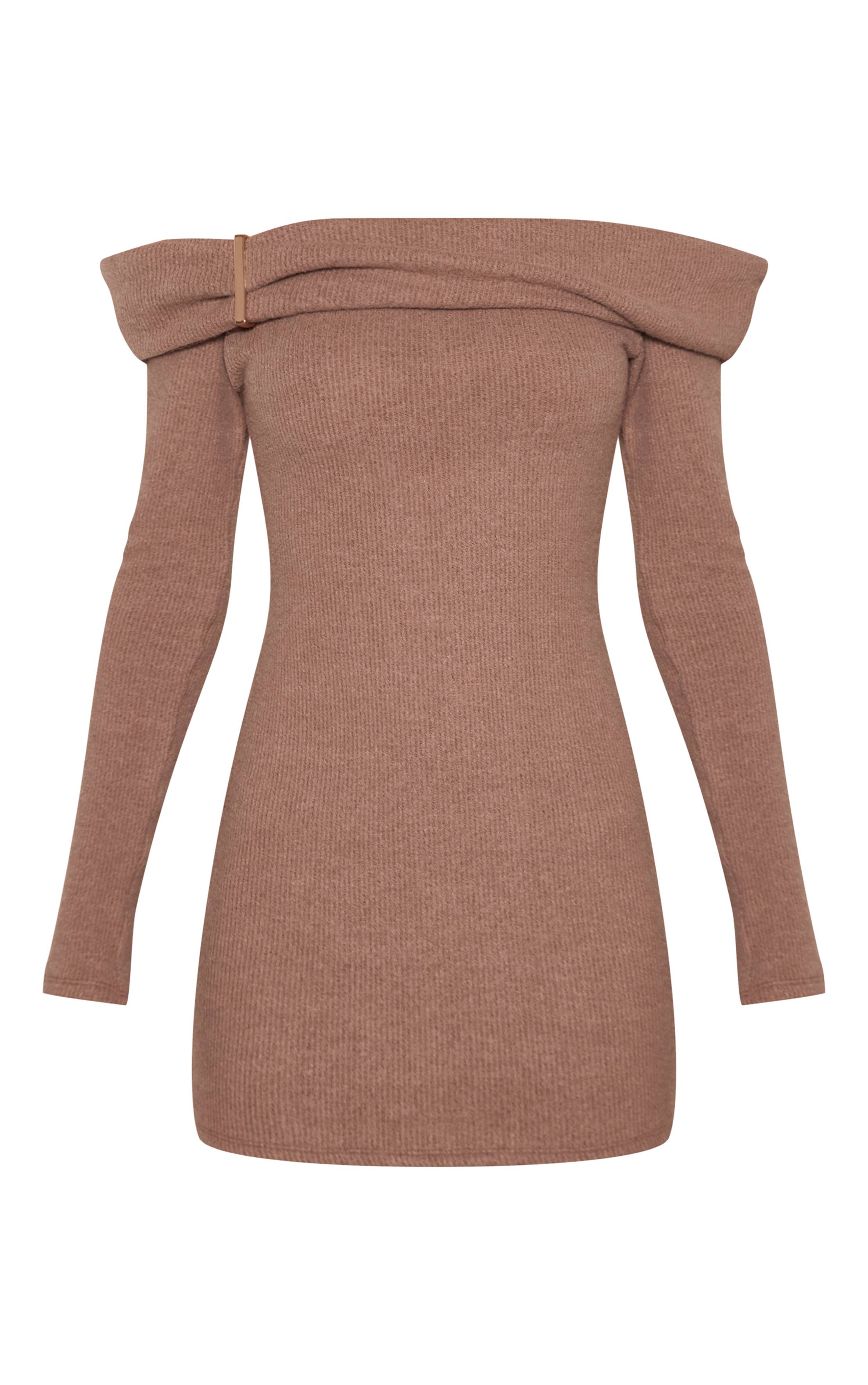 Taupe Robe Moulante Côtelée Brossée À Détails Bordés Et Encolure Bardot
