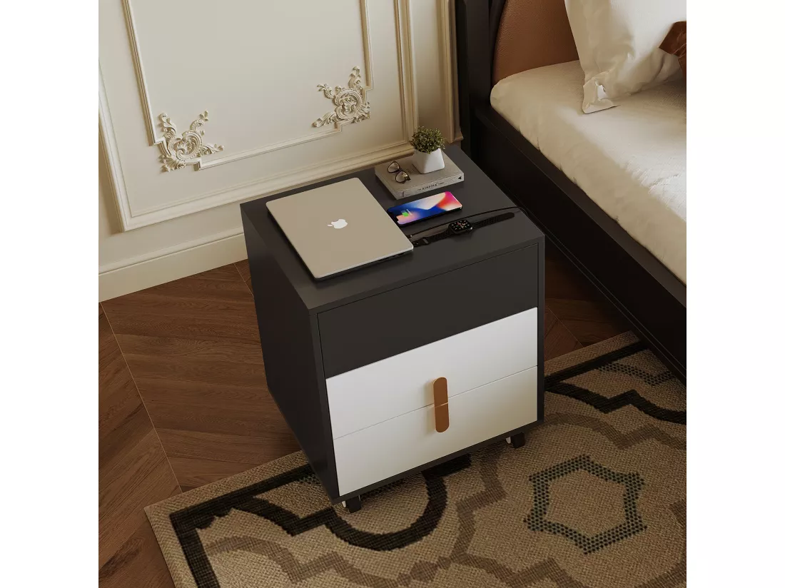 Table de chevet avec 2 tiroirs et plateau relevable - 74 x 40.2 x 71 cm - prise USB et roulettes inclus - Bois MDF - Noir et blanc