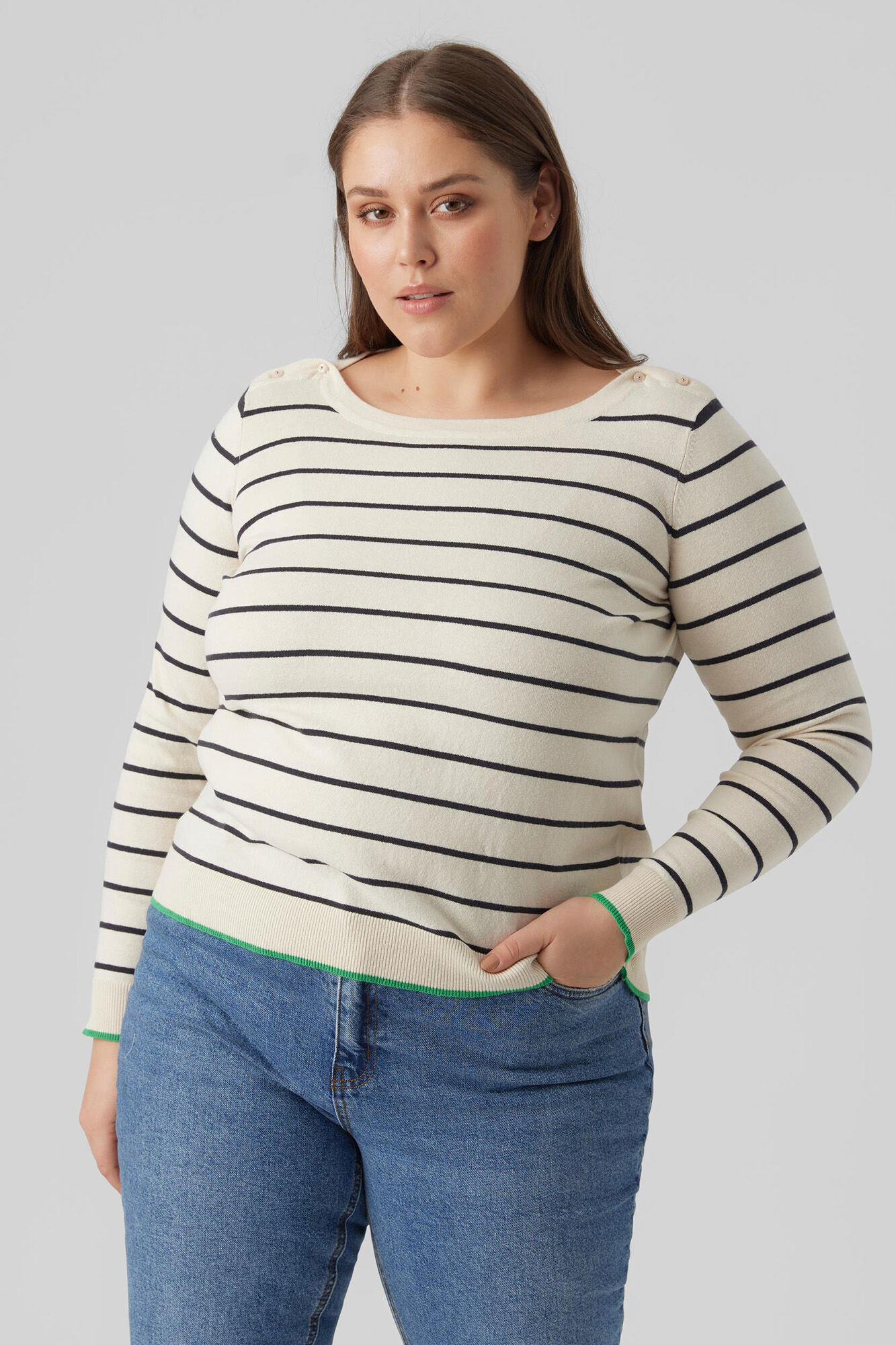 Suéter listrado plus size - Cinza