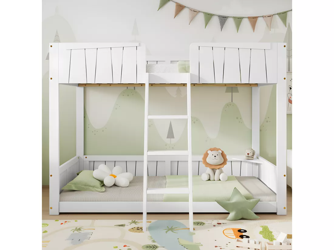 Lit superposé 90x200cm avec échelle et une étagère - en bois de pin et MDF - Blanc
