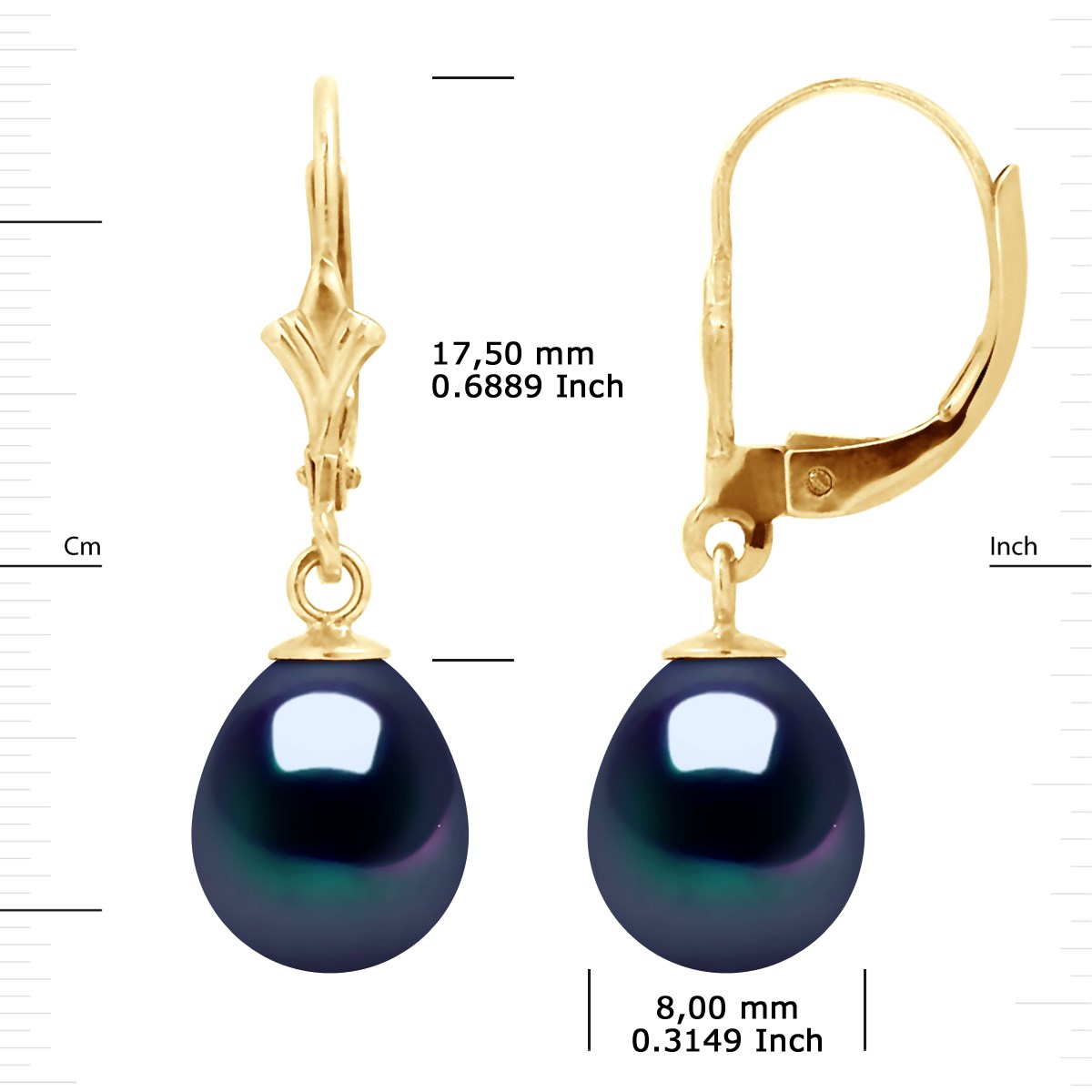 Boucles d'Oreilles Pendantes Perles d'Eau Douce Poires 8-9 mm Noires Or Jaune 18 Carats