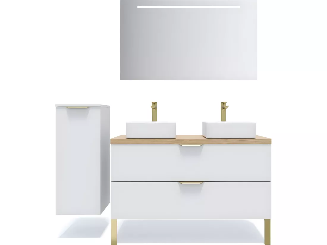 Meuble de salle de bain suspendu 2 vasques à poser 120cm 2 tiroirs Blanc - Venice