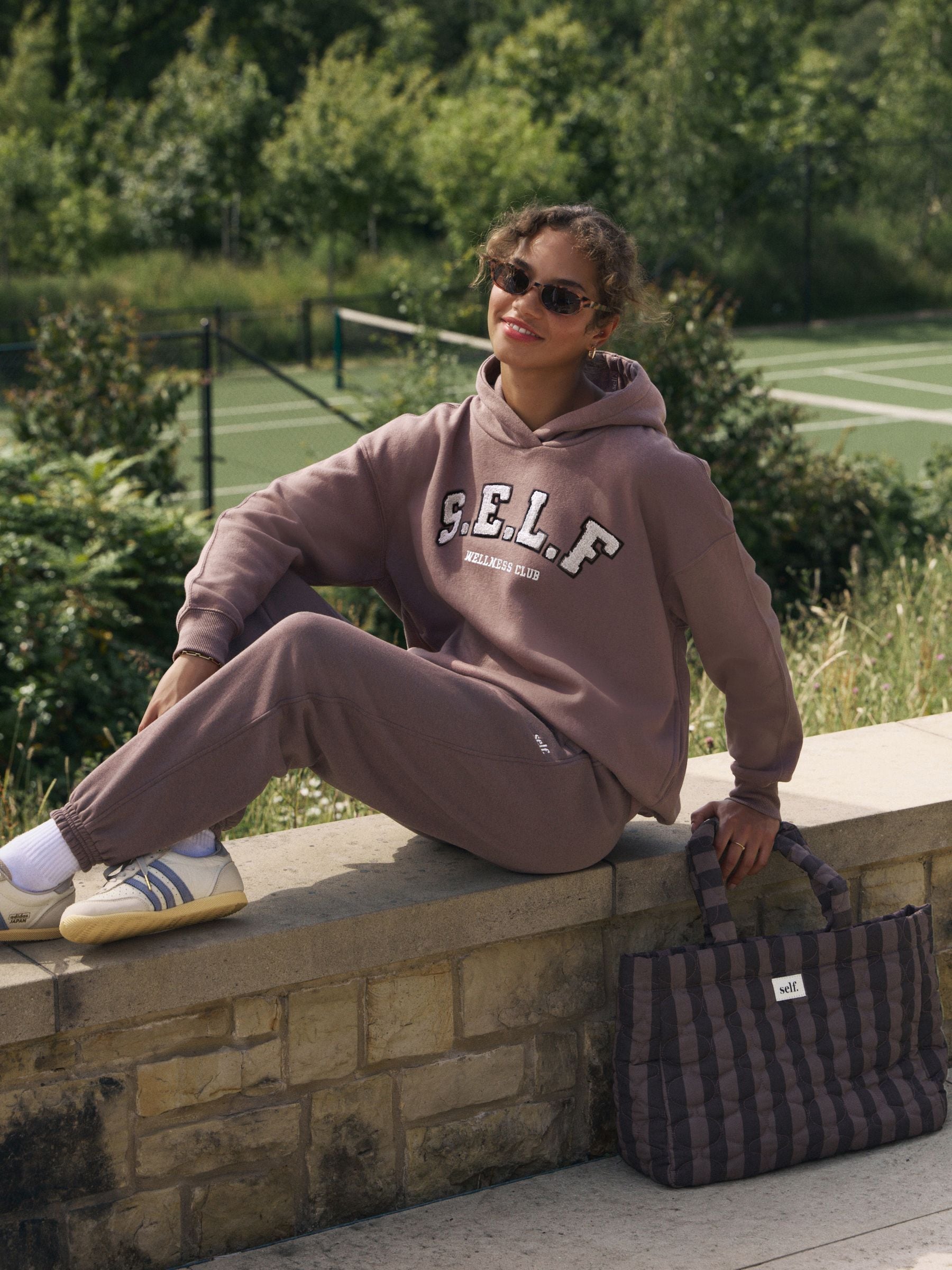 Bruin - Self. joggingbroek met boorden